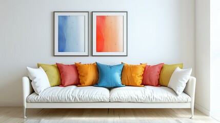 Wall Mural - White Sofa with Colorful Vibrant Pillows and Art Poster Frame in a Scandinavian-Designed Modern Living Room