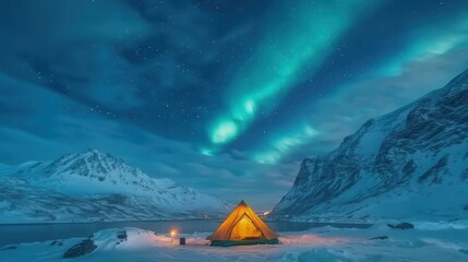 Poster - Northern Lights Campsite with Illuminated Tent in Snowy Mountains