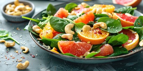 Canvas Print - Nutritious salad featuring fennel, citrus fruits, leafy spinach, and cashew nuts.