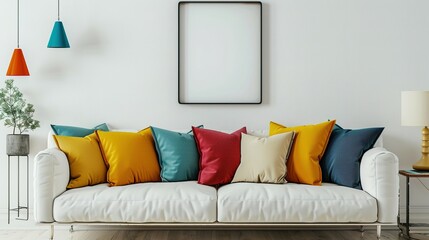 Wall Mural - Modern Scandinavian Living Room: White Sofa with Colorful Pillows and Art Poster Frame Against Wall