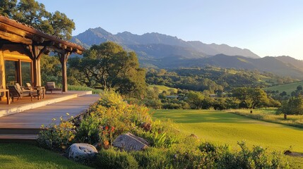 Canvas Print - Wooden Deck with Mountain View and Green Meadow