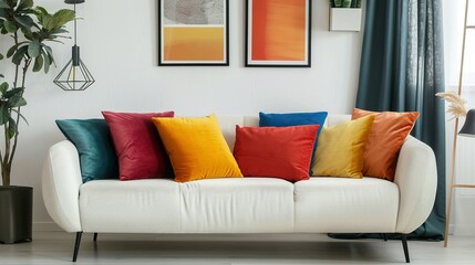 Wall Mural - Modern Scandinavian Living Room: White Sofa with Colorful Pillows and Art Poster Frame Against Wall