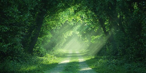 Poster - Sun Rays Shining Through Trees on Forest Path