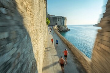 Runners along a stone pathway, with a fortress and sea in the background