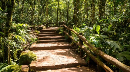 Canvas Print - Stone Steps in Lush Rainforest Jungle with Wooden Railing