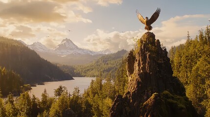 Poster - Majestic Eagle Soaring Above Mountain Lake at Sunset