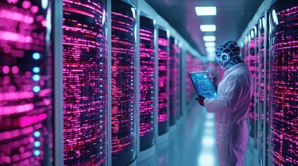 Poster - Data Center Technician with Hologram Laptop and Server Racks