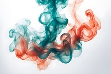 Wall Mural -  Vivid turquoise and coral colored smoke intertwining on a white background, AI Generated