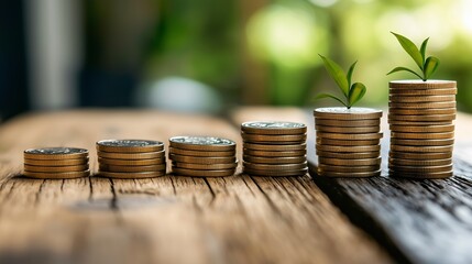 Growing Money Concept with Coins and Plant on Wooden Surface