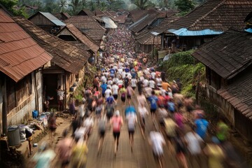 A Blurry Crowd Walking Through a Narrow Village Street