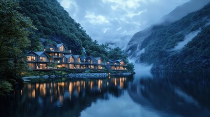 Wall Mural - Modern Cabin Retreat in the Misty Mountains with Lake Reflection