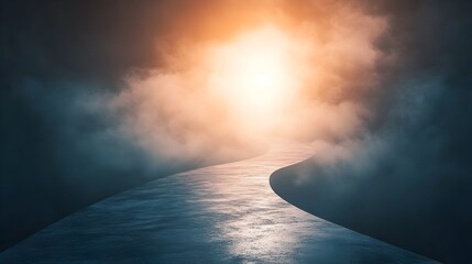 Poster - Conceptual image of a winding path leading towards a bright glowing light at the end representing the pursuit of a sense of purpose and direction in life