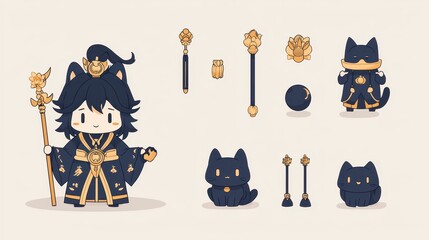 Poster - Cute Cartoon Cat Shaman with Staff  Black Cats and Magic Items