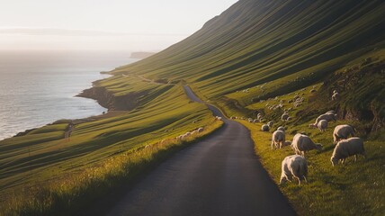 Wall Mural - Narrow roads wind through green Faroe Islands valleys in summer, with sheep grazing peacefully on the hillsides.