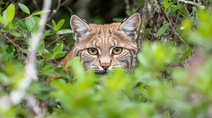 Sticker - Wild Bobcat Peeking Through Green Foliage