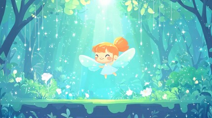 Sticker - Cute Fairy Flying in Enchanted Forest with Sparkling Lights