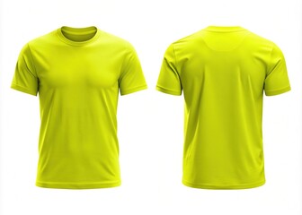 Wall Mural - A neon yellow classic fit round neck T-shirt isolate on a neutral background, featuring a 3D rendering of the front and back views.