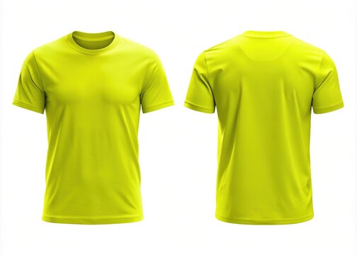A neon yellow classic fit round neck T-shirt isolate on a neutral background, featuring a 3D rendering of the front and back views.