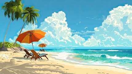 Serene Tropical Island Paradise with Colorful Beach Umbrellas and Lounge Chairs in Simplified Vector Style