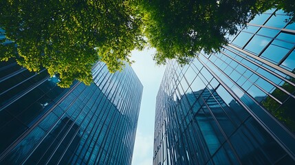 Modern Glass Skyscrapers Surrounded by Lush Greenery