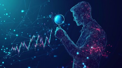 Poster - Digital stock market analysis concept. An abstract man holds a magnifying glass in his hand and analyzes the graph chart on technological dark blue background. Low poly wireframe vector illustration 