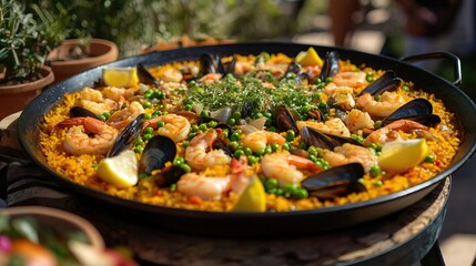 Wall Mural - Seafood paella in large pan with shrimp mussels and vegetables on outdoor table showcasing Spanish cuisine and alfresco dining concept