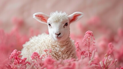 Charming lamb on a pale pink background