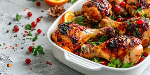 Sticker - Grilled spicy chicken drumsticks seasoned with orange and accompanied by red berries in a white serving dish.