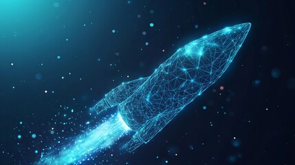 Poster - Digital rocket flies in orbit of planet Earth. Abstract light blue technological background. Spaceship in outer cosmos. Low poly wireframe vector illustration with 3D effect. Polygonal science art.