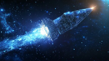 Poster - digital rocket flies in orbit of planet earth. abstract light blue technological background. spacesh