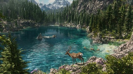 Canvas Print - Majestic Deer by Mountain Lake with Forest and Snow Capped Peaks