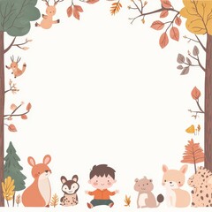 Poster - Cute Cartoon Boy and Animals in Autumn Forest Illustration