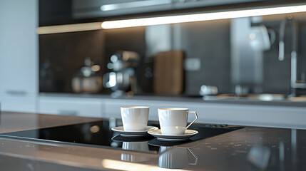 Close-up view of a coffee set on a contemporary kitchen island countertop, with modern kitchen elements in the background, highlighting the elegance and functionality of the space in HD detail