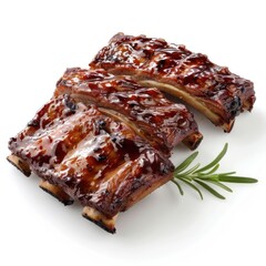 two barbecued ribs on a white plate. they have glazed with sauce and served with herbs.