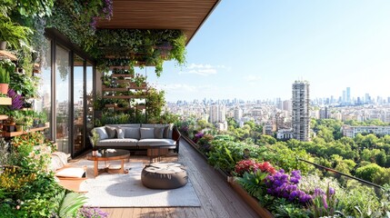 Sticker - Modern Balcony with City View and Lush Greenery