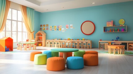colorful and playful kindergarten classroom interior