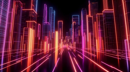 3d rendering of futuristic cityscape with glowing neon lines and buildings on dark background