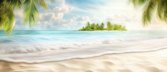 Sandy tropical beach with island on background