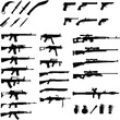 © Budypiasa - Set of weapon silhouette illustration. Army gun, knife, pistols, assault riffle gun, shotgun, sniper rifle, rocket launcher, grenades.