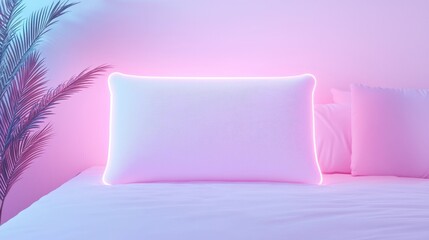 Wall Mural - Pink and Blue Neon Glow Bed with Pillow and Palm Leaf