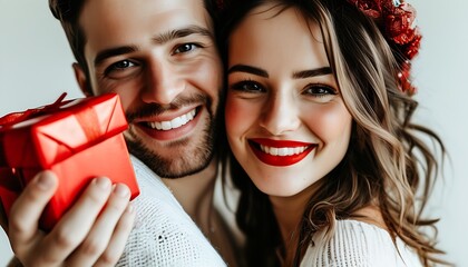 A couple smiled in front of a white background, the man was holding a red gift, and the woman had red lips on her face. The atmosphere was romantic and warm.