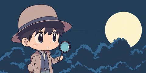 Wall Mural - Cute Cartoon Boy Detective with Magnifying Glass Under Full Moon