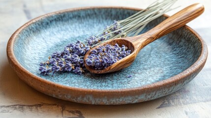 Sticker - Dried Lavender Flowers in Wooden Spoon on Blue Plate