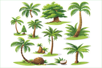 Set of watercolor coconut trees isolated on a white background. Isolated white background with palm tree, tropical plants, and hand drawn leaves. Watercolor botanical illustration. Palm Trees, Summer