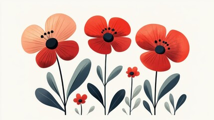 Wall Mural - Bright and playful artwork showcasing cute red flowers in a modern cartoon style with textured details. Ideal for vibrant decor.