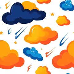 Canvas Print - A vibrant and minimalist flat design featuring a seamless pattern of clouds and thunderbolts for a modern touch.