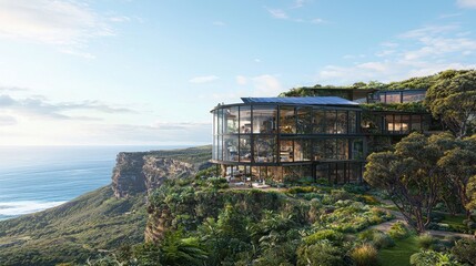 Canvas Print - Modern Glass House Cliffside Ocean View Luxury Home Architecture Design