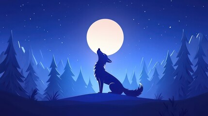 Wall Mural - A stunning illustration of a wolf under a full moon, capturing the beauty of the night in a modern cartoon style.