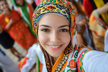 Wall Mural - Selfie with traditional clothing from another culture