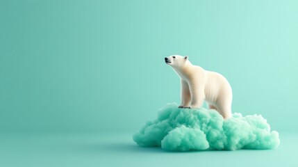 Surreal scene of a polar bear standing on a fluffy green cloud against a pastel backdrop. Ideal for creative or whimsical themes.